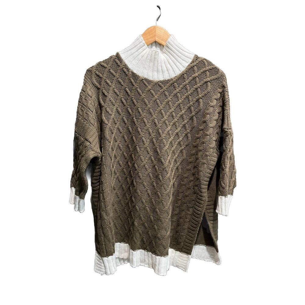 Mersea Lisbon Fisherman Sweater Green White Cable Knit Turtleneck Size OS